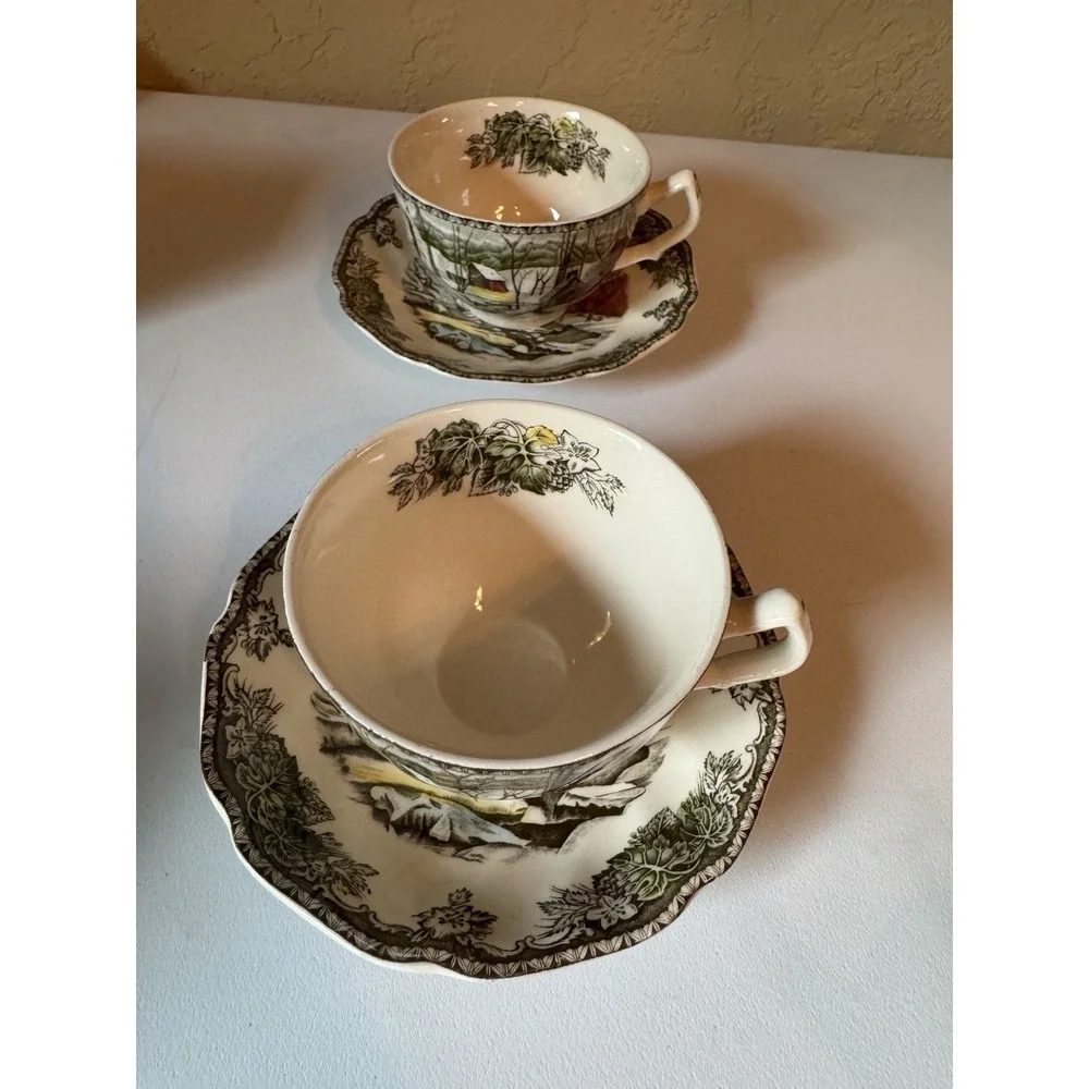 Vintage Set of 2 Johnson Bros Friendly Village Teacup Saucer Ice House England
